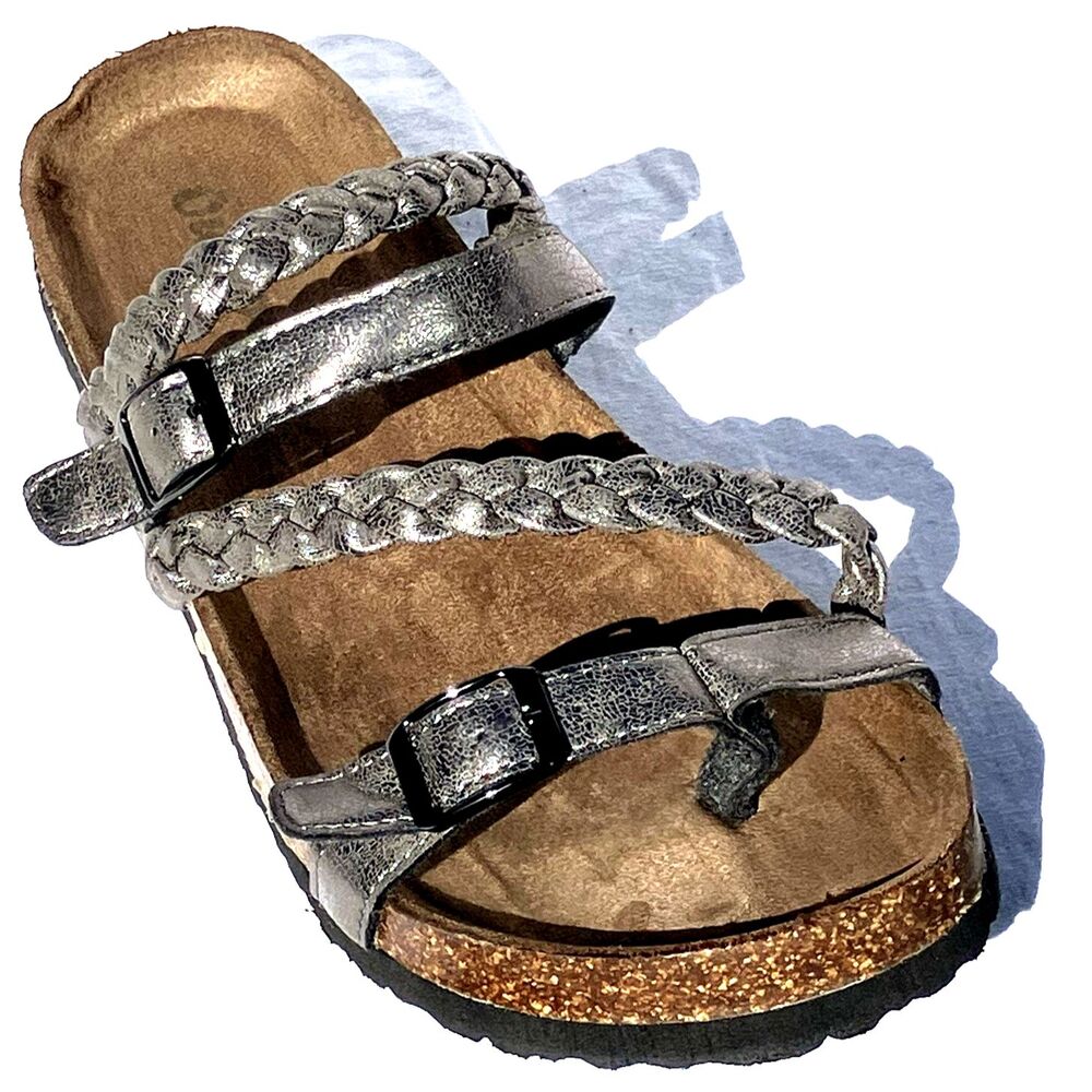 Outwoods Sandals NEW Braided Strappy Cork Leather Buckle 10 Silver Birkie Style
